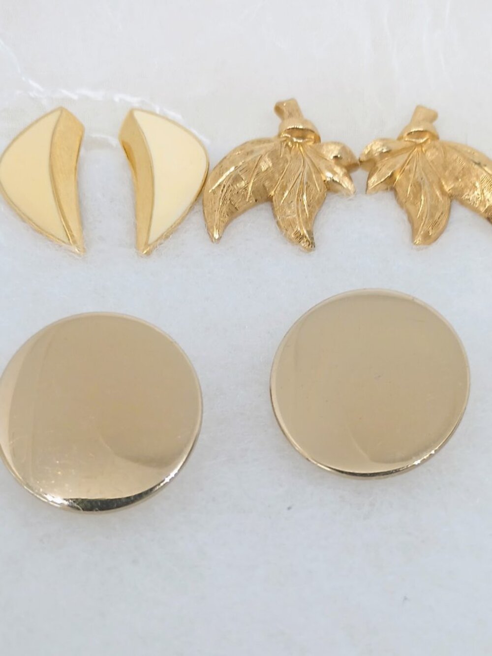 Lot of Vintage Monet Gold tone Clip on Earrings Ivory Enamel , Disc,Leaf ~Signed